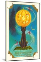 Mystic Light of Halloween, Jack O'Lantern on Black Cat-null-Mounted Art Print