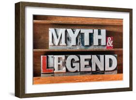 Myth and Legend Words Made from Metallic Letterpress Type on Wooden Tray-Yury Zap-Framed Photographic Print