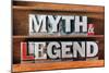 Myth and Legend Words Made from Metallic Letterpress Type on Wooden Tray-Yury Zap-Mounted Photographic Print