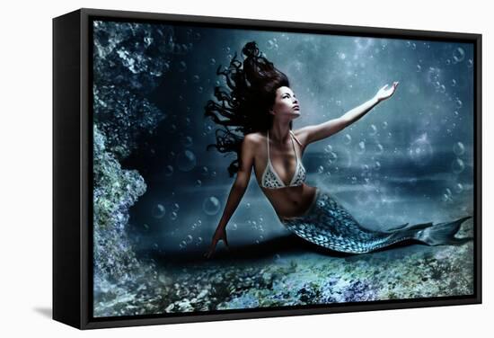 Mythology Being, Mermaid In Underwater Scene, Photo Compilation-coka-Framed Stretched Canvas