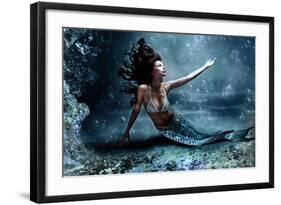 Mythology Being, Mermaid In Underwater Scene, Photo Compilation-coka-Framed Art Print