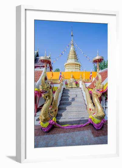 Naga Head Staircase and Devotee at Doi Kham (Wat Phra That Doi Kham) (Temple of Golden Mountain)-Alex Robinson-Framed Photographic Print