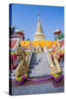 Naga Head Staircase and Devotee at Doi Kham (Wat Phra That Doi Kham) (Temple of Golden Mountain)-Alex Robinson-Stretched Canvas