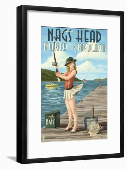 Nags Head, North Carolina - Fishing Pinup-Lantern Press-Framed Art Print