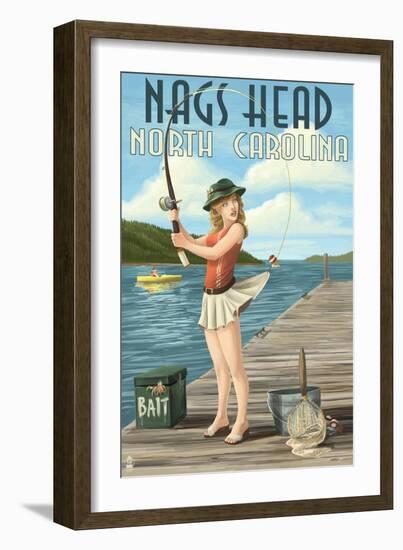 Nags Head, North Carolina - Fishing Pinup-Lantern Press-Framed Art Print