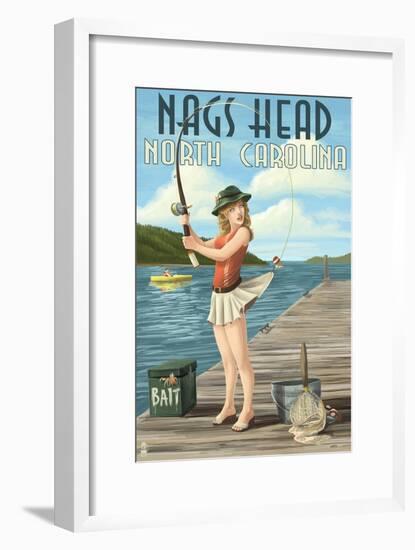 Nags Head, North Carolina - Fishing Pinup-Lantern Press-Framed Art Print