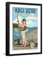 Nags Head, North Carolina - Fishing Pinup-Lantern Press-Framed Art Print