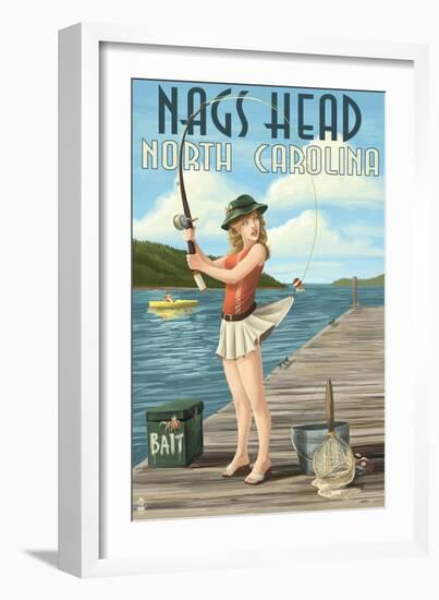 Nags Head, North Carolina - Fishing Pinup-Lantern Press-Framed Art Print