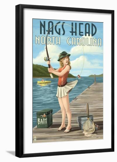 Nags Head, North Carolina - Fishing Pinup-Lantern Press-Framed Art Print