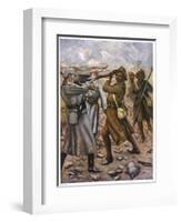 Naik Darwan Sing Negi of the 1st Battalion 39th Garhwal Rifles Bravely Leads a Bayonet Charge-Allen Stewart-Framed Art Print