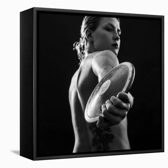 Naked female athlete posing with discus in hand-Panoramic Images-Framed Stretched Canvas