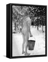 Naked Finnish Soldier Carrying Bucket of Water Back to Friends Enjoying Sauna Bath Nearby-Carl Mydans-Framed Stretched Canvas