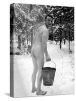 Naked Finnish Soldier Carrying Bucket of Water Back to Friends Enjoying Sauna Bath Nearby-Carl Mydans-Stretched Canvas