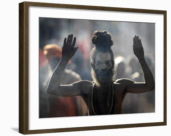 Naked Hindu Holy Man Performs Rituals on Banks of River Ganges During the Kumbh Mela in India-null-Framed Photographic Print