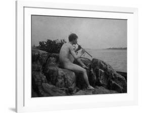 Naked Man Playing His Pipe Photograph-Lantern Press-Framed Art Print