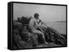 Naked Man Playing His Pipe Photograph-Lantern Press-Framed Stretched Canvas