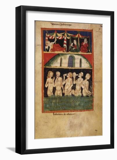 Naked Men and Women Bathing, Medieval Manuscript Painting-null-Framed Art Print