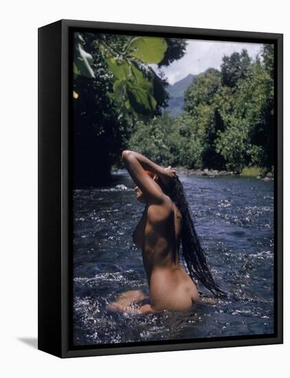 Naked Tahitian Woman Bathing in a River-null-Framed Stretched Canvas