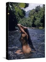 Naked Tahitian Woman Bathing in a River-null-Stretched Canvas