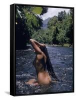 Naked Tahitian Woman Bathing in a River-null-Framed Stretched Canvas