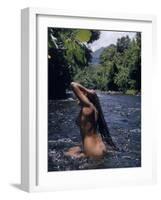 Naked Tahitian Woman Bathing in a River-null-Framed Photographic Print