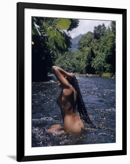 Naked Tahitian Woman Bathing in a River-null-Framed Photographic Print