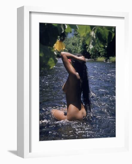 Naked Tahitian Woman Bathing in a River-null-Framed Photographic Print