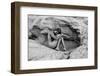 Naked woman on rock, Aztec Sandstone, Mohave Desert, Overton, Nevada, USA-Pete Saloutos-Framed Photographic Print