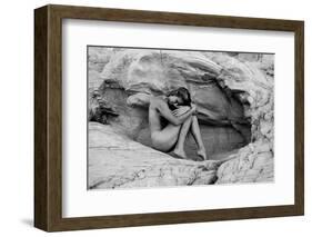 Naked woman on rock, Aztec Sandstone, Mohave Desert, Overton, Nevada, USA-Pete Saloutos-Framed Photographic Print