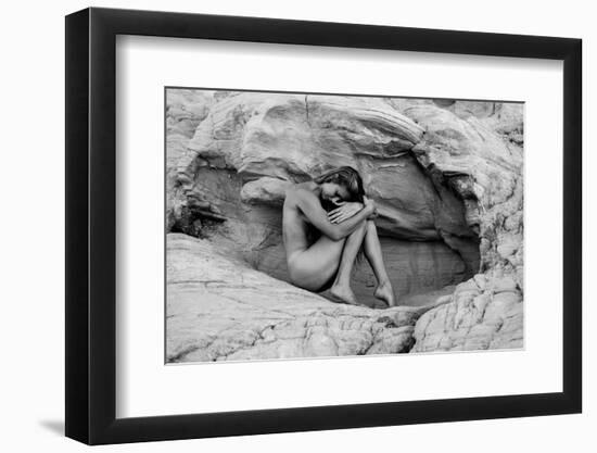 Naked woman on rock, Aztec Sandstone, Mohave Desert, Overton, Nevada, USA-Pete Saloutos-Framed Photographic Print