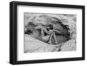 Naked woman on rock, Aztec Sandstone, Mohave Desert, Overton, Nevada, USA-Pete Saloutos-Framed Photographic Print