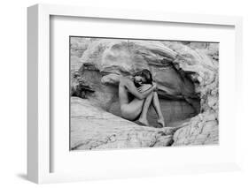 Naked woman on rock, Aztec Sandstone, Mohave Desert, Overton, Nevada, USA-Pete Saloutos-Framed Photographic Print