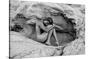 Naked woman on rock, Aztec Sandstone, Mohave Desert, Overton, Nevada, USA-Pete Saloutos-Stretched Canvas