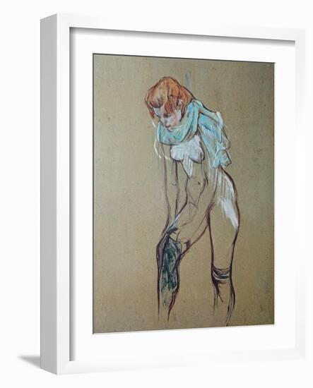 Naked Woman Putting a Stocking On-Henri de Toulouse-Lautrec-Framed Art Print