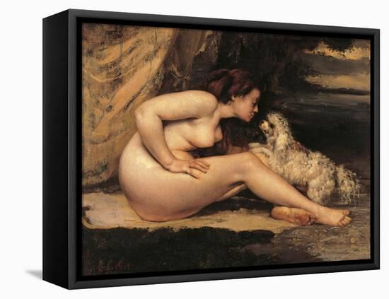 Naked Woman with a Dog (Lontine Renaude)-Gustave Courbet-Framed Stretched Canvas