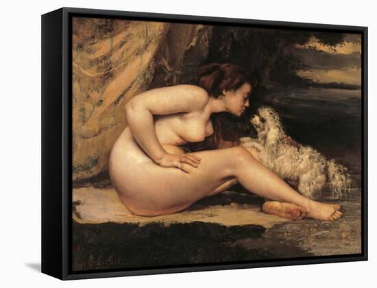 Naked Woman with a Dog (Lontine Renaude)-Gustave Courbet-Framed Stretched Canvas