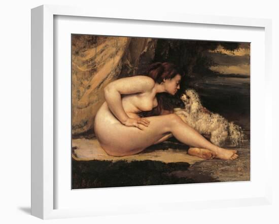 Naked Woman with a Dog (Lontine Renaude)-Gustave Courbet-Framed Art Print