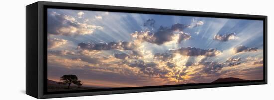 Namibia, Namib-Naukluft Park. Panoramic of God beams over desert at sunset.-Jaynes Gallery-Framed Stretched Canvas