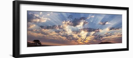 Namibia, Namib-Naukluft Park. Panoramic of God beams over desert at sunset.-Jaynes Gallery-Framed Premium Photographic Print