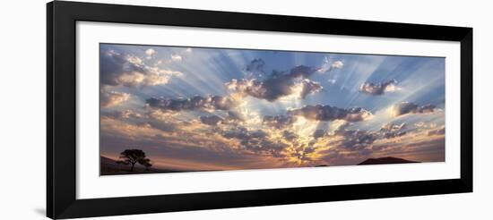 Namibia, Namib-Naukluft Park. Panoramic of God beams over desert at sunset.-Jaynes Gallery-Framed Photographic Print