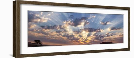 Namibia, Namib-Naukluft Park. Panoramic of God beams over desert at sunset.-Jaynes Gallery-Framed Photographic Print