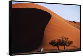 Namibia, Sossusvlei, Namib-Naukluft NP, Dune and Land Rover, Sunset-Walter Bibikow-Framed Stretched Canvas