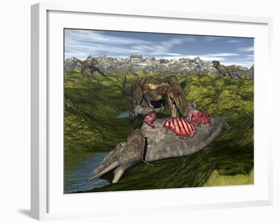 Nanotyrannus Eating the Carcass of a Dead Triceratops-Stocktrek Images-Framed Art Print