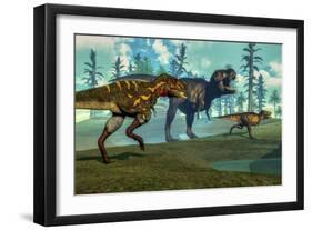 Nanotyrannus Hunting a Small Tyrannosaurus Next to its Parent-Stocktrek Images-Framed Art Print