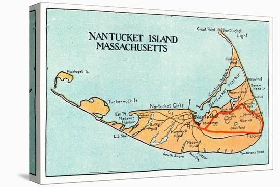 Nantucket, Massachusetts - Map of the Island-Lantern Press-Stretched Canvas