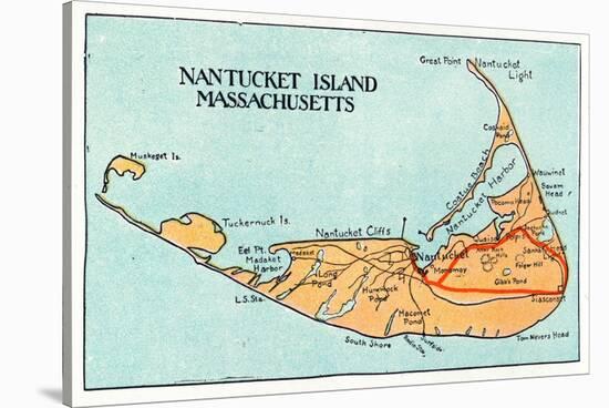 Nantucket, Massachusetts - Map of the Island-Lantern Press-Stretched Canvas