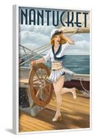 Nantucket, Massachusetts - Pinup Girl Sailing-Lantern Press-Framed Art Print