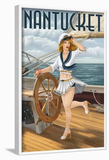 Nantucket, Massachusetts - Pinup Girl Sailing-Lantern Press-Framed Art Print