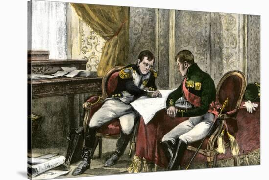 Napoleon Bonaparte and Tsar Alexander I Discussing a Treaty of Alliance at Tilsit, c.1807-null-Stretched Canvas