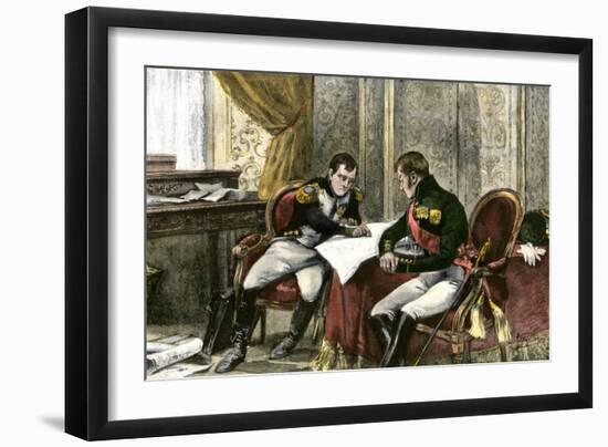 Napoleon Bonaparte and Tsar Alexander I Discussing a Treaty of Alliance at Tilsit, c.1807-null-Framed Giclee Print